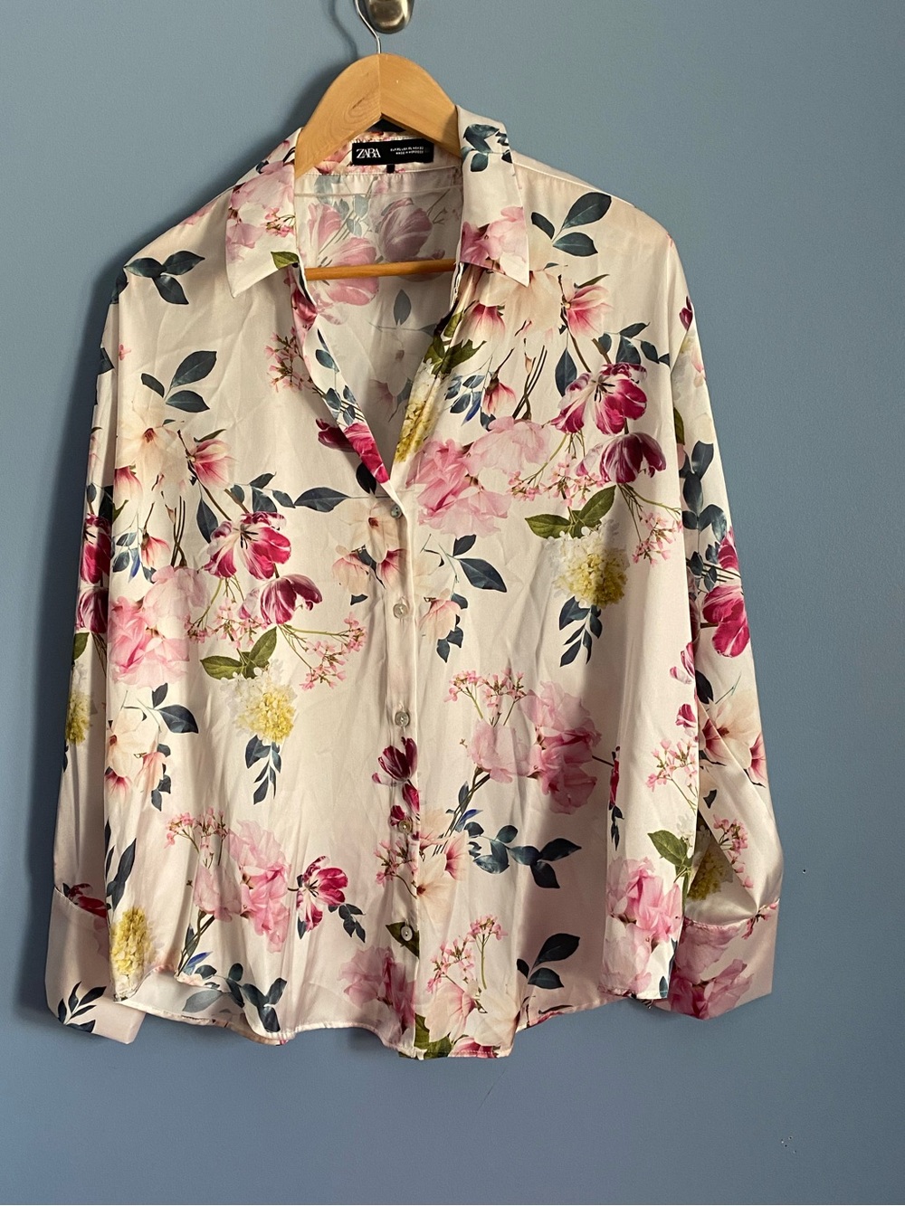 ZARA White Button-Down Shirt with Pink Floral Print